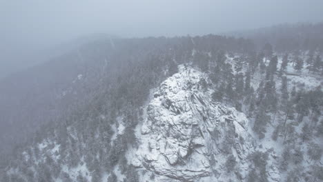Drohnen-Luftaufnahmen,-Die-Um-Schneebedeckte-Felsige-Hügelspitzen-In-Flatirons-Mountain-Boulder-Colorado-USA-Herumfliegen