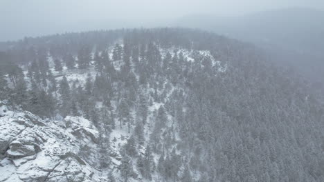 Drone-Aerial-Footage-Flying-Over-Snowcapped-Flatirons-Mountain-Valley-Near-Boulder-Colorado-USA-During-Snow-Storm-Blizzard