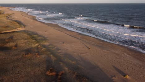 Luftbahnaufnahme-Eines-Mannes,-Der-Während-Der-Sonnenuntergangszeit-Mit-Hunden-Am-Sandstrand-Spazieren-Geht---Wunderschöne-Idyllische-Landschaft-Mit-Dünen-Und-Atlantik-In-Uruguay