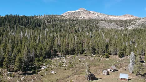 Luftaufnahme-Bergwaldlandschaft-Mit-Wiese-Und-Hütten-In-Kalifornien