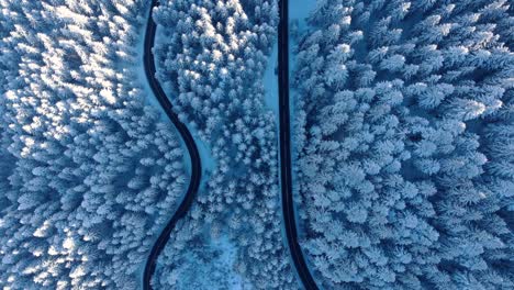Curvy-Windy-Road-In-Snow-Covered-Forest-During-Winter---aerial-top-down