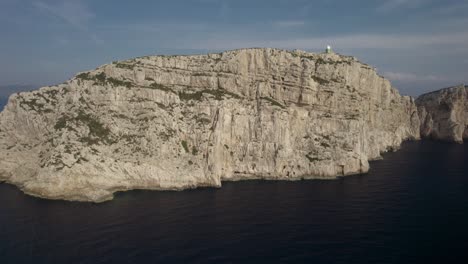 Aerial-orbit-over-the-cliffs-of-Capo-Coccia-with-a-small-lighthouse-on-the-top,-Sardinia,-Italy