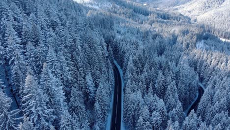 Mountain-Road-Through-The-Wintery-Forest---aerial-descending