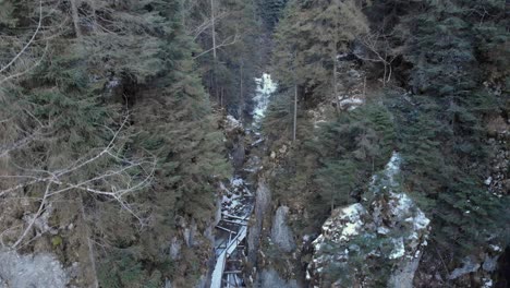 Drohne,-Die-Im-Winter-Auf-Hoch-Aufragenden-Waldbergen-Aufsteigt