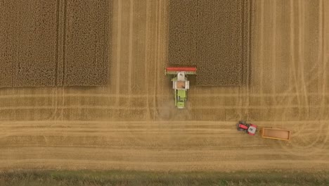 Harvest-aerial-zoom-over-combine-harvester-as-it-starts-a-crop-with-tractor-and-lanes-in-view