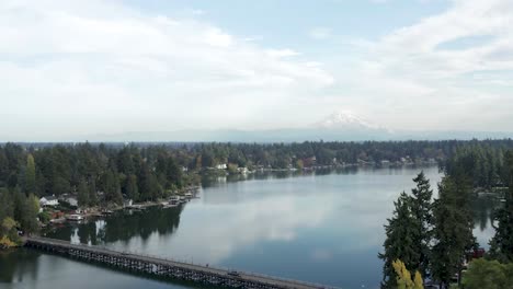 Aerial-View-Of-Bridge-And-Calm-Waters-Of-Steilacoom-Lake-In-Washington,-United-States---drone-shot