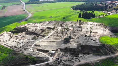 Aerial-view-of-ancient-city-ruins-in-Megiddo-National-Park,-Israel