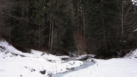 Winter-Forest-River-Landscape-In-Snow---wide,-static-shot