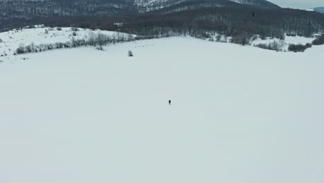 Aerial-drone-shot-of-the-man-walking-in-the-snow-1