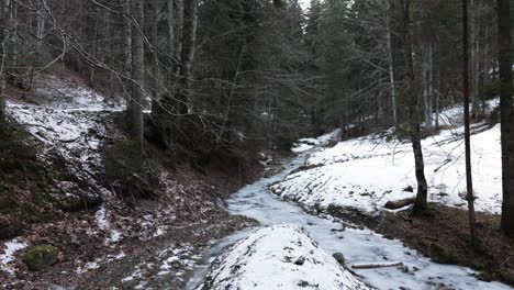 Schmaler-Zugefrorener-Fluss-Im-Winterwald---Schwenk