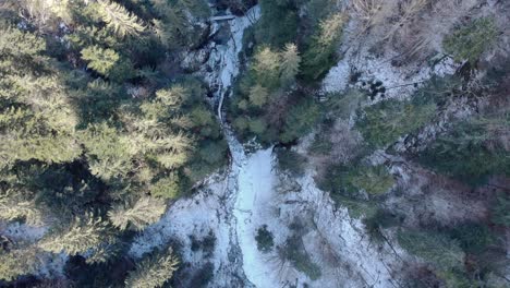 Luftaufnahme-Des-Bereiften-Flusses-In-Hoch-Aufragenden-Bergen-Mit-Dichten-Fichten-Im-Winter