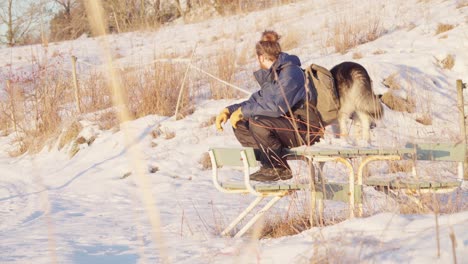 Camper-With-Alaskan-Malamute-Sitting-And-Relaxing-On-Picnic-Table-At-Sunrise-In-Winter
