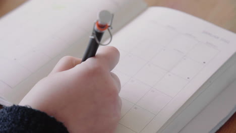 Junge-Weibliche-Schreiben-In-Ihrem-Kalender-Notizbuch-Memo-Mit-Einem-Schwarzen-Bleistift-Zoomen-In-4k-Nahaufnahme