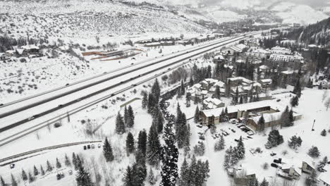 Aerial-Drone-Footage-Flying-Over-Snow-Covered-Vail-Colorado-USA-During-Cold-White-Winter
