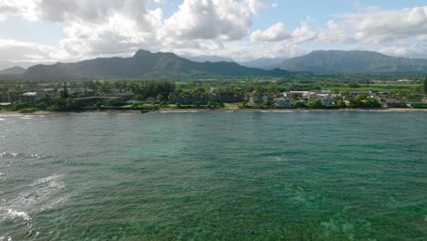 Aerial-drone-view-of-tropical-Kauai-Coastline,-Hawaiian-island