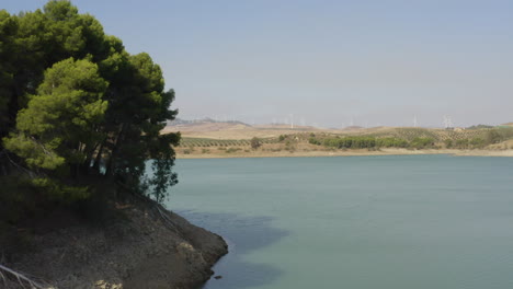 Pine-trees-and-wind-turbines-on-shores-of-lake-Caminito-del-Rey,Spain