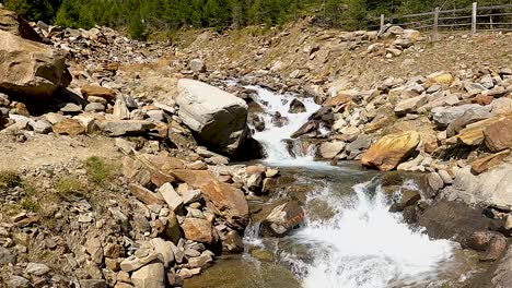 Rapid-flowing-stream-of-mountains-flowing-downhill-between-red-rocks-in-sunlight