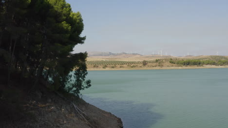 Nadelbäume-Am-See-Caminito-Del-Rey,-Spanien,-Windkraftanlagen-Darüber-Hinaus