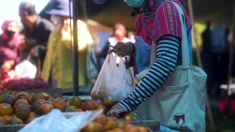 Asian-woman-picks-out-the-tastiest-looking-oranges-with-her-bare-hands-at-the-local-Thai-market-in-Pai-on-a-sunny-day-while-wearing-a-face-mask