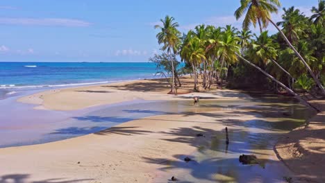 Aerial-drone-view-of-people-walking-in-shallow-water-at-a-tropical-beach-in-Las-Terrenas,-DR