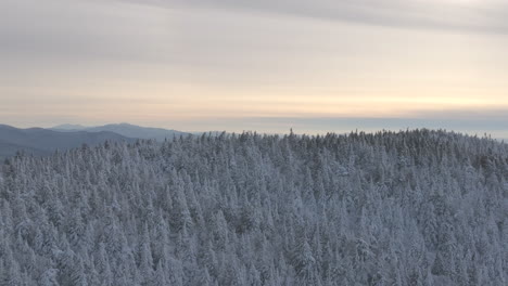 Üppiger-Wald,-Der-Mit-Schnee-Bedeckt-Ist,-Enthüllt-Gefrorene-Flusstäler-Während-Des-Sonnenuntergangs