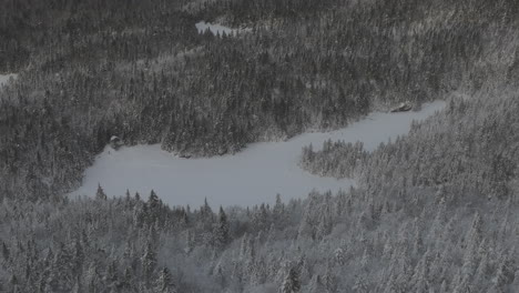 Luftaufnahme-Des-Zugefrorenen-Sees-Inmitten-Dichter-Wälder-Im-Winter-In-Der-Nähe-Von-Sutton,-Quebec,-Kanada