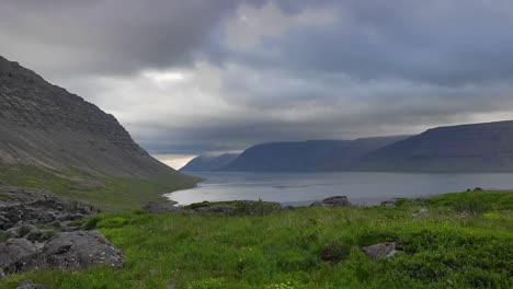 Time-Lapse-Of-Cyclone-Clouds-Above-Fjord-And-Mountains