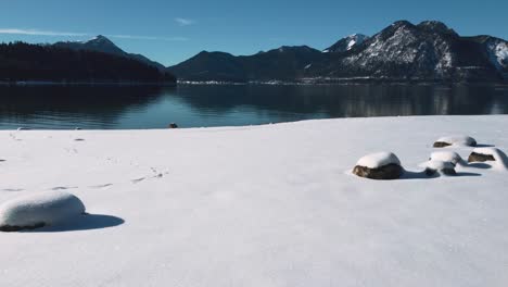 Snow-covered-beach-at-Lake-Walchensee-in-Bavaria,-south-Germany-in-the-scenic-alps-mountains-close-to-Austria
