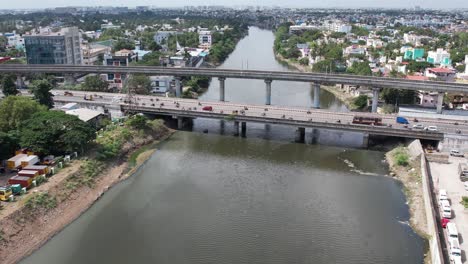 Aerial-Shot-of-Cooum-River-Going-Through-Chennai-City