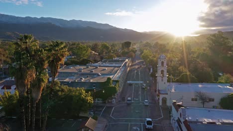 Excellent-Aerial-Shot-Of-Sunrise-Hitting-The-Post-Office-On-Ojai-Avenue-In-Ojai,-California