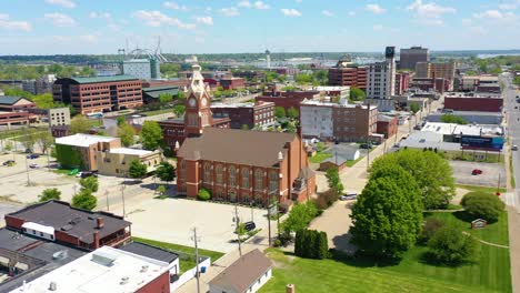 Drone-Aerial-Establishing-Shot-Of-Downtown-Business-District-Moline-Illinois-On-The-Mississippi-River