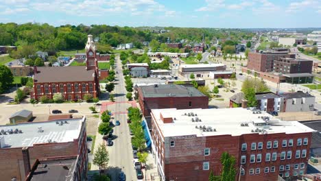 Drone-Aerial-Establishing-Shot-Of-Downtown-Business-District-Moline-Illinois-On-The-Mississippi-River