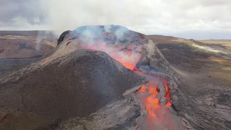 Aerial-Of-Hot-Molten-Lava-Flowing-In-A-River-From-Fagradalsfjall-Volcano-On-The-Reykjanes-Peninsula-In-Iceland