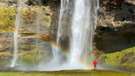 Tilt-Up-From-Man-Admiring-The-Beautiful-Seljalandsfoss-Waterfall-In-South-Iceland