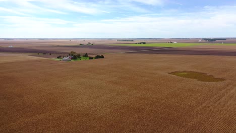 Good-Aerial-Over-Vast-Flat-Farmland-And-Fields-In-Iowa,-Illinois,-Or-Indiana-Arrives-At-A-Patch-Of-Farmland
