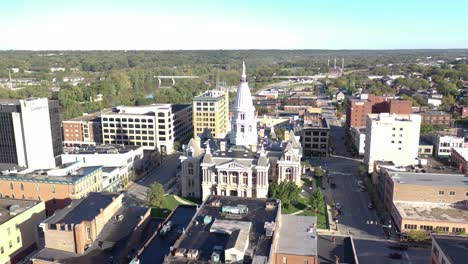 Good-Aerial-Of-Downtown-Lafayette-Indiana-And-Statue-Atop-Courthouse-Tower