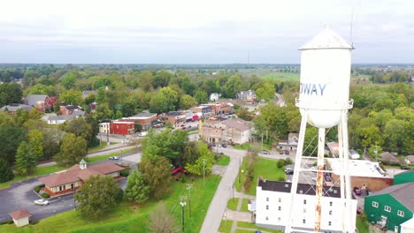 Aerial-Establishing-Shot-Over-Main-Street-Small-Town-Usa-With-Water-Tower,-Midway,-Kentucky