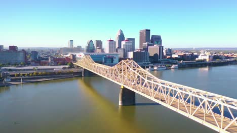 Aerial-Establishing-Shot-Of-The-Downtown-Business-District-And-Ohio-River-Bridge-In-Louisville,-Kentucky