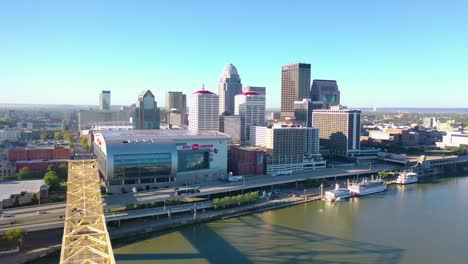 Aerial-Establishing-Shot-Of-The-Downtown-Business-District-And-Ohio-River-Bridge-In-Louisville,-Kentucky