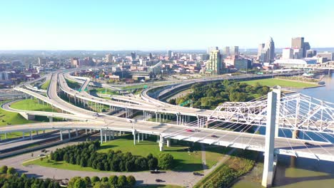 Antena-Sobre-El-Intercambio-De-Autopistas-En-Louisville,-Kentucky-Con-El-Fondo-Del-Río-Ohio-Sugiere-Infraestructura