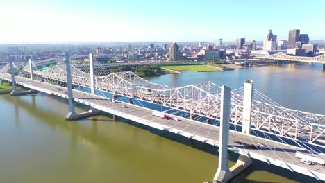 Antena-Sobre-Los-Puentes-Del-Río-Ohio-Con-El-Horizonte-Del-Centro-De-Louisville,-Kentucky-Distante-Sugiere-Infraestructura