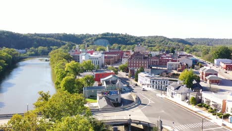 Aerial-Over-Frankfort,-Kentucky-Downtown-Business-District-Suggests-Small-Town-Usa