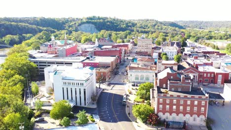 Aerial-Over-Frankfort,-Kentucky-Downtown-Business-District-Suggests-Small-Town-Usa