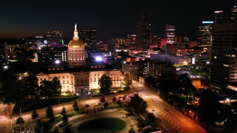 Night-Aerial-Of-The-Atlanta-State-Capitol-Building-In-Atlanta,-Georgia