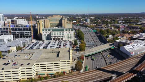 Aerial-Of-Highway-Traffic-Flowing-On-A-Freeway-Near-Atlanta,-Georgia