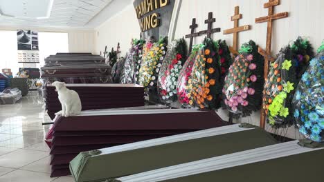 A-Cat-Jumps-Up-On-Coffins-In-A-Mortuary-In-Irpin-Kyiv,-Ukraine-Where-Coffins-Are-Made-Ready-For-Victims-Of-Russian-Aggression