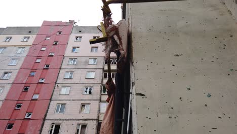 Dolly-Reveals-Badly-Damaged-Apartment-Building-In-Irpin,-Ukraine-As-The-Result-Of-Heavy-Shelling-And-Bombing-By-Russian-Forces