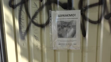 A-Poster-For-A-Missing-Lost-Cat-Amidst-The-Destruction-Of-Irpin,-Ukraine-Following-The-Russian-Occupation
