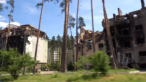 Pov-From-Car-Of-Vast-Destruction-In-Irpin,-Ukraine-Following-Russian-Invasion,-Bombing-And-Aggression