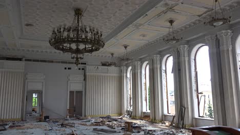 Destroyed-Official-Meeting-Ballroom-Of-The-Central-Government-Administration-Building-In-Downtown-Kharkiv,-Ukraine-With-Extensive-Damage-From-Russian-Rockets-And-Shelling